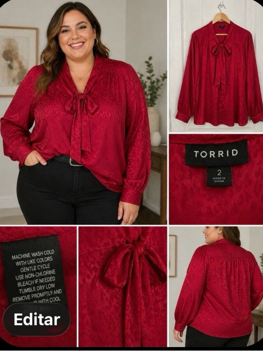 Torrid Red Satin Leopard Textured Blouse Tie Neck Size 2

⸻